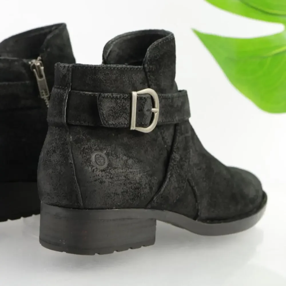 Born Womens Jorgette Boots Size 7.5 Black Suede Distressed Bootie Buckle Lo Heel